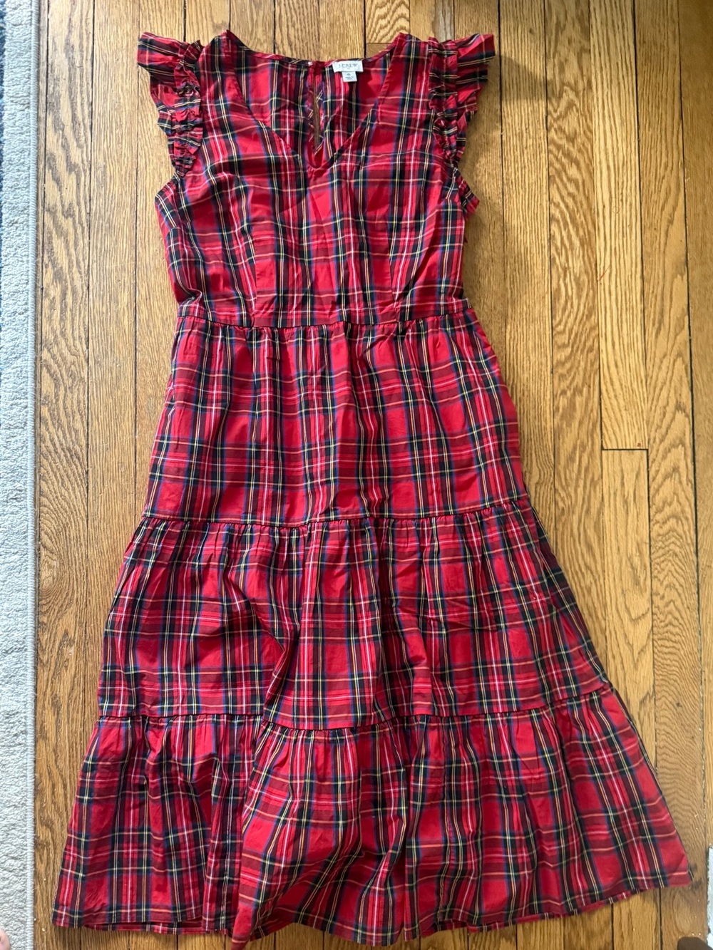 J Crew Red Plaid Tiered Dress with Ruffle Sleeves - Size 6